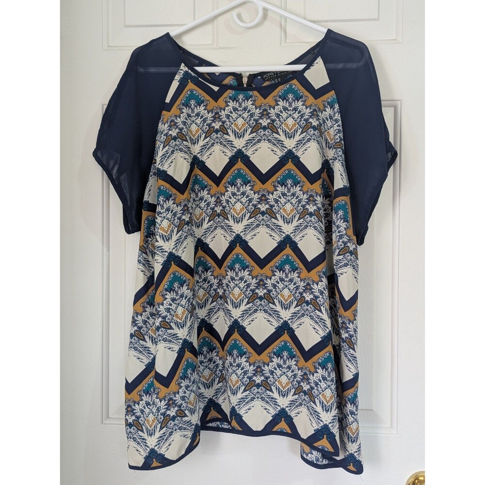 Forever 21 Chiffon Blouse Tee Shirt Plus 3X Navy Gold S/S Chevron Geometric Boho